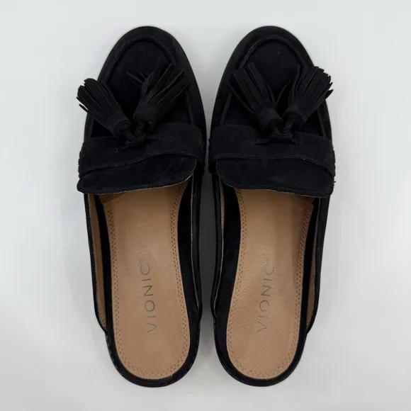 NEW VIONIC Reagan Nubuck TVW5034 Women 7 Black Tassel Leather Mule FLATS Comfort