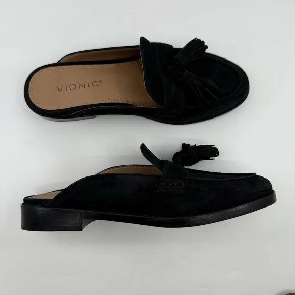 NEW VIONIC Reagan Nubuck TVW5034 Women 7 Black Tassel Leather Mule FLATS Comfort