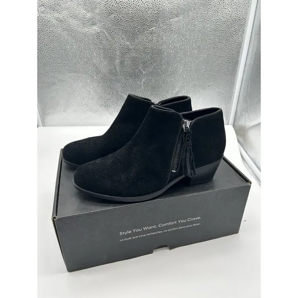 New Vionic Shyanne Suede Leather Side Zip Ankle Boots Black Tassel Orthotic 7M