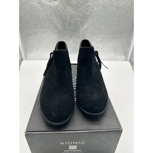 New Vionic Shyanne Suede Leather Side Zip Ankle Boots Black Tassel Orthotic 7M