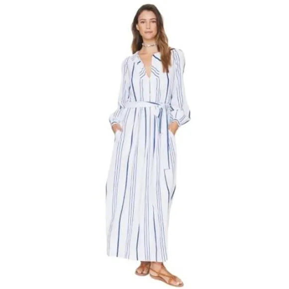 NEW Xirena Ellys Midi Dress Striped Print Tie Waist VNeck Cloud Blue Size Medium
