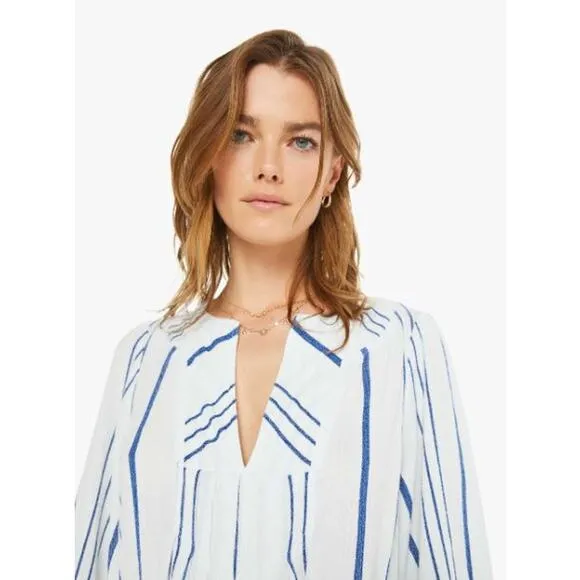 NEW Xirena Ellys Midi Dress Striped Print Tie Waist VNeck Cloud Blue Size Medium