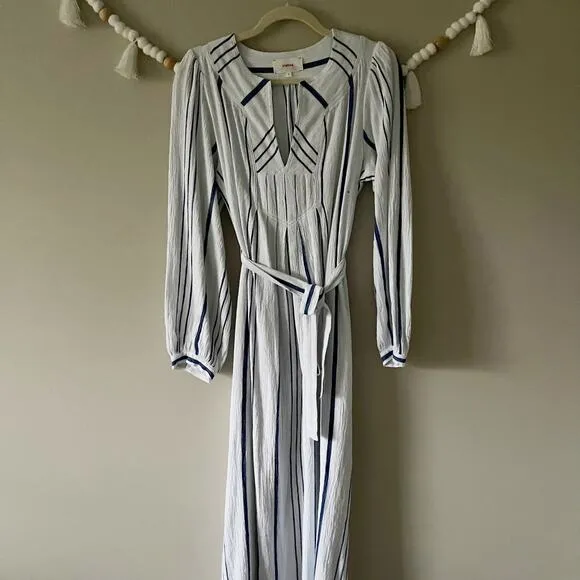 NEW Xirena Ellys Midi Dress Striped Print Tie Waist VNeck Cloud Blue Size Medium