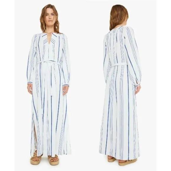 NEW Xirena Ellys Midi Dress Striped Print Tie Waist VNeck Cloud Blue Size Medium