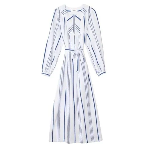 NEW Xirena Ellys Midi Dress Striped Print Tie Waist VNeck Cloud Blue Size Medium
