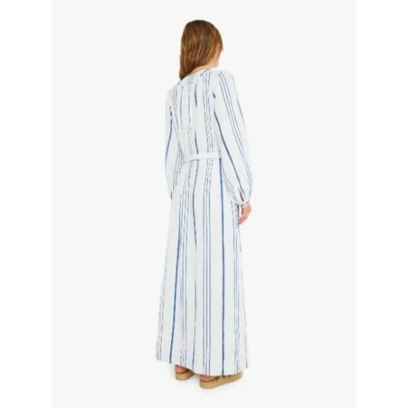 NEW Xirena Ellys Midi Dress Striped Print Tie Waist VNeck Cloud Blue Size Medium