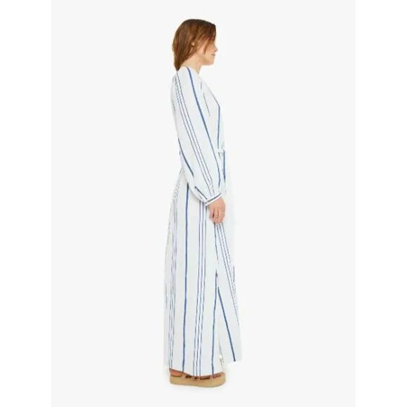 NEW Xirena Ellys Midi Dress Striped Print Tie Waist VNeck Cloud Blue Size Medium