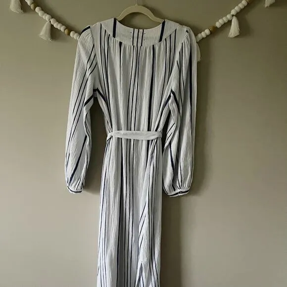 NEW Xirena Ellys Midi Dress Striped Print Tie Waist VNeck Cloud Blue Size Medium