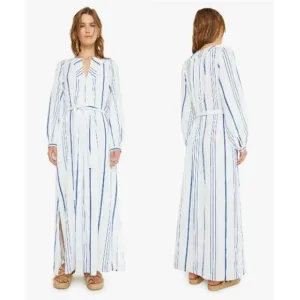 NEW Xirena Ellys Midi Dress Striped Print Tie Waist VNeck Cloud Blue Size Medium