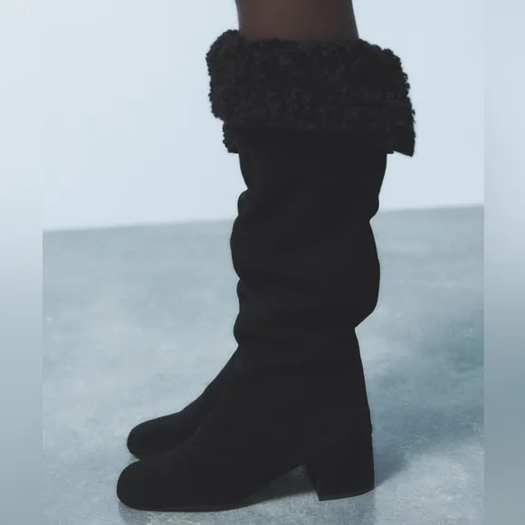 NEW ZARA HEELED SUEDE KNEE HIGH BOOTS BLACK Sz EU 38 US 7.5