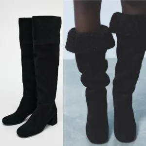 NEW ZARA HEELED SUEDE KNEE HIGH BOOTS BLACK Sz EU 38 US 7.5