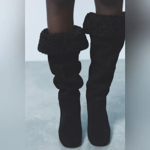 NEW ZARA HEELED SUEDE KNEE HIGH BOOTS BLACK Sz EU 38 US 7.5