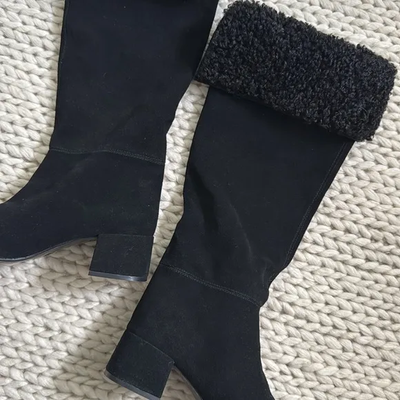NEW ZARA HEELED SUEDE KNEE HIGH BOOTS BLACK Sz EU 38 US 7.5