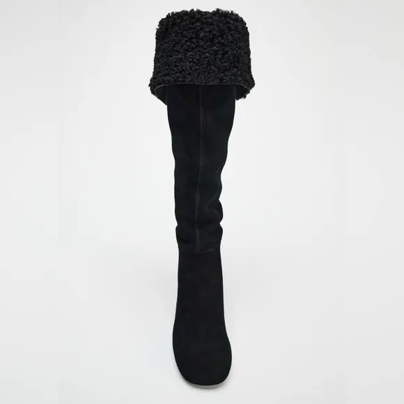 NEW ZARA HEELED SUEDE KNEE HIGH BOOTS BLACK Sz EU 38 US 7.5