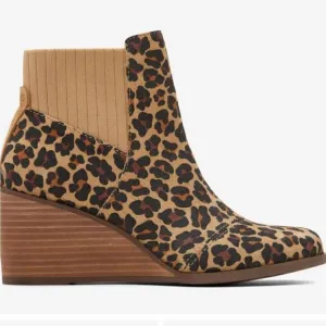 NEW TOMS Sadie Suede Wedge Leather Wedge Bootie Leopard Print Side Zip Boots