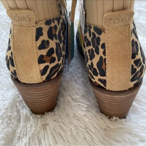 NEW TOMS Sadie Suede Wedge Leather Wedge Bootie Leopard Print Side Zip Boots