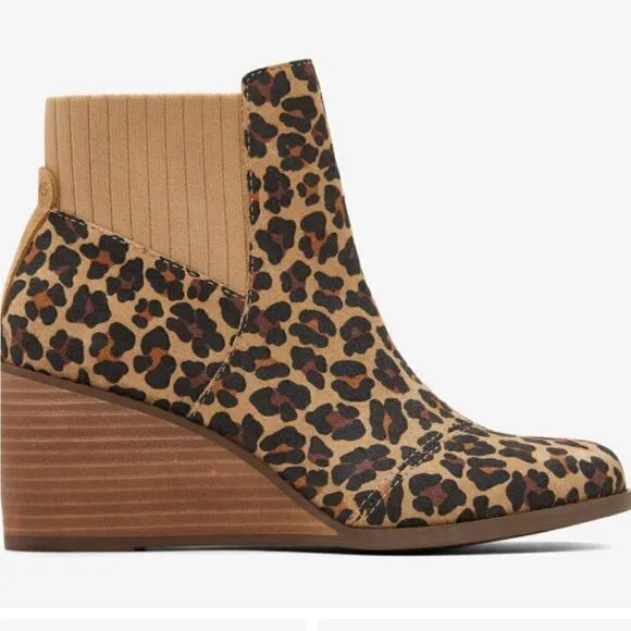 NEW TOMS Sadie Suede Wedge Leather Wedge Bootie Leopard Print Side Zip Boots
