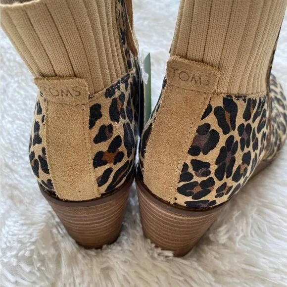 NEW TOMS Sadie Suede Wedge Leather Wedge Bootie Leopard Print Side Zip Boots