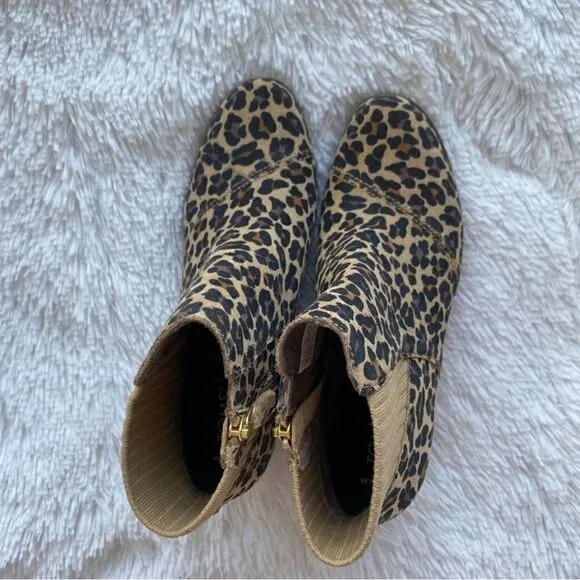 NEW TOMS Sadie Suede Wedge Leather Wedge Bootie Leopard Print Side Zip Boots