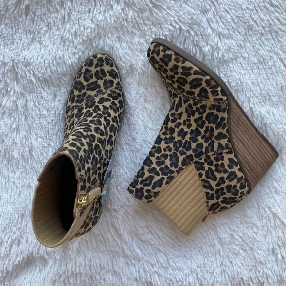 NEW TOMS Sadie Suede Wedge Leather Wedge Bootie Leopard Print Side Zip Boots