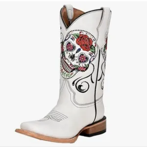 NIB Circle G Kids/Girls White Sugar Skull Square Toe Cowboy Boot Size 2 J7123