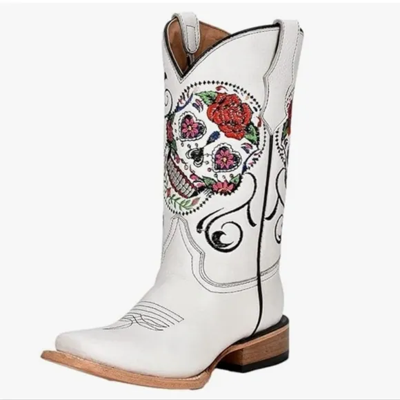 NIB Circle G Kids/Girls White Sugar Skull Square Toe Cowboy Boot Size 2 J7123