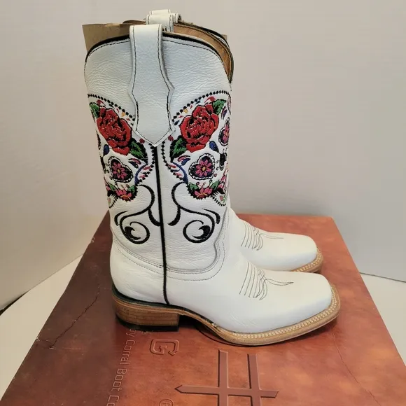 NIB Circle G Kids/Girls White Sugar Skull Square Toe Cowboy Boot Size 2 J7123