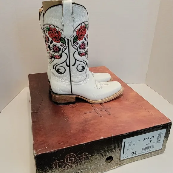 NIB Circle G Kids/Girls White Sugar Skull Square Toe Cowboy Boot Size 2 J7123