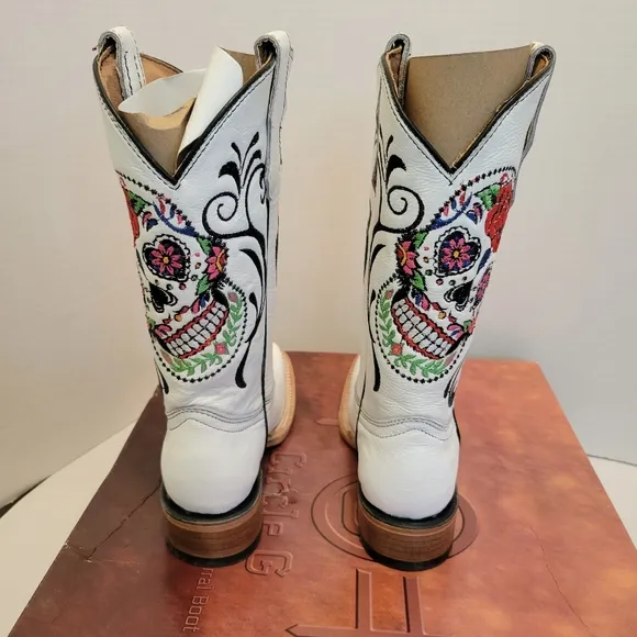 NIB Circle G Kids/Girls White Sugar Skull Square Toe Cowboy Boot Size 2 J7123
