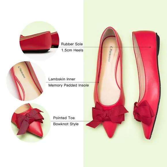 NIB C.Paravano Red Pointy Bow Flats (Aida) Size 39 or 8.5