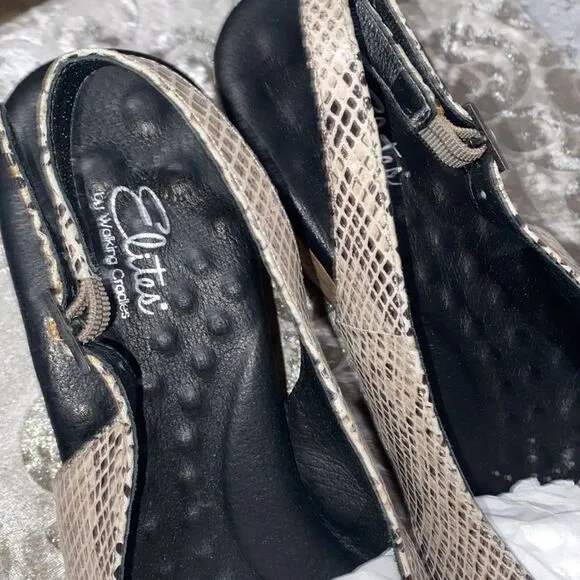 NIB Elites by Walking Cradle Leather Snakeskin slingback Wedges size 10.5