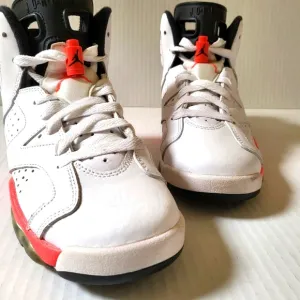 NIKE Air Jordan 6 Retro Kids Hi-Top White/ Red Infrared Sneakers Size 4y