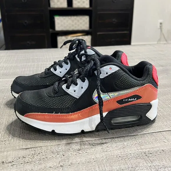 Nike Air Max 90 Sneakers Youth 4 Black Crimson Silver Metallic Shoes CT1966-001