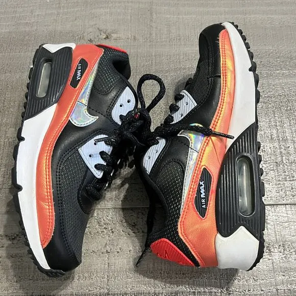 Nike Air Max 90 Sneakers Youth 4 Black Crimson Silver Metallic Shoes CT1966-001