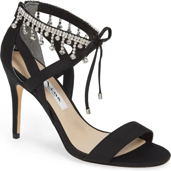 Nina Collina Black Satin Heeled Sandals Evening Stiletto Heel Pump Dress Shoes 8