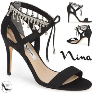 Nina Collina Black Satin Heeled Sandals Evening Stiletto Heel Pump Dress Shoes 8