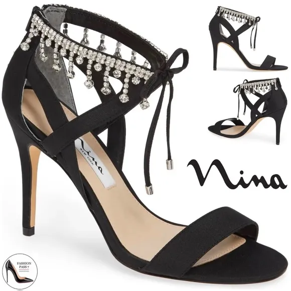 Nina Collina Black Satin Heeled Sandals Evening Stiletto Heel Pump Dress Shoes 8