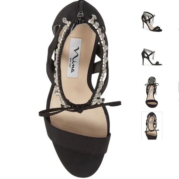 Nina Collina Black Satin Heeled Sandals Evening Stiletto Heel Pump Dress Shoes 8