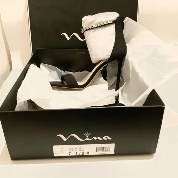 Nina Deena Black Satin Heeled Sandals Evening Stiletto Heel Pump Dress Shoes 7.5