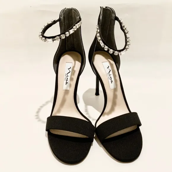 Nina Deena Black Satin Heeled Sandals Evening Stiletto Heel Pump Dress Shoes 7.5