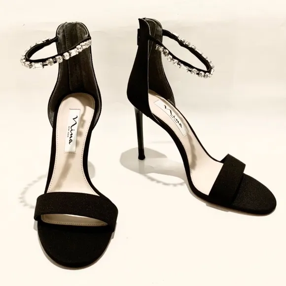 Nina Deena Black Satin Heeled Sandals Evening Stiletto Heel Pump Dress Shoes 7.5