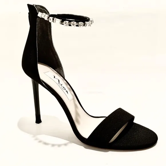 Nina Deena Black Satin Heeled Sandals Evening Stiletto Heel Pump Dress Shoes 7.5