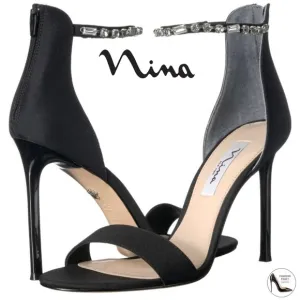 Nina Deena Black Satin Heeled Sandals Evening Stiletto Heel Pump Dress Shoes 7.5