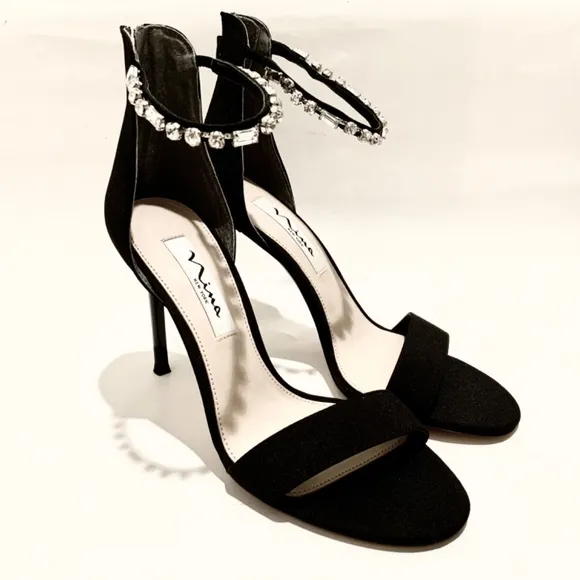Nina Deena Black Satin Heeled Sandals Evening Stiletto Heel Pump Dress Shoes 7.5
