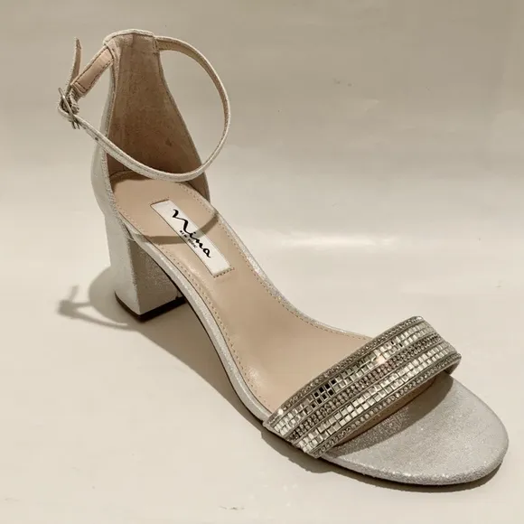Nina Elenora Silver Evening Block-Heel Sandals Pumps Heeled Dress Shoes