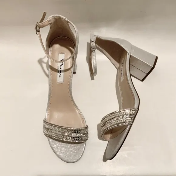 Nina Elenora Silver Evening Block-Heel Sandals Pumps Heeled Dress Shoes