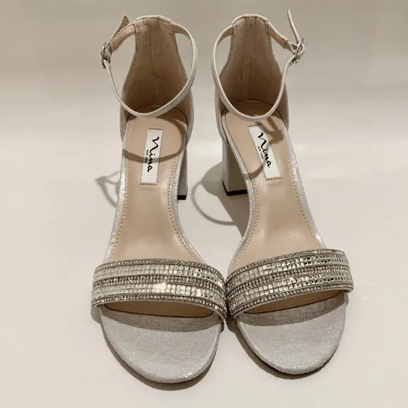 Nina Elenora Silver Evening Block-Heel Sandals Pumps Heeled Dress Shoes