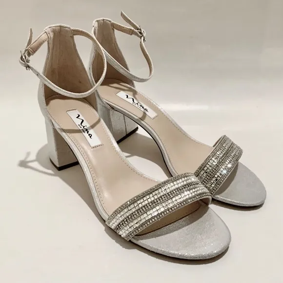 Nina Elenora Silver Evening Block-Heel Sandals Pumps Heeled Dress Shoes