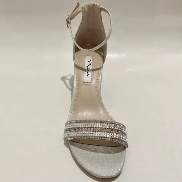 Nina Elenora Silver Evening Block-Heel Sandals Pumps Heeled Dress Shoes