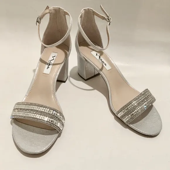Nina Elenora Silver Evening Block-Heel Sandals Pumps Heeled Dress Shoes